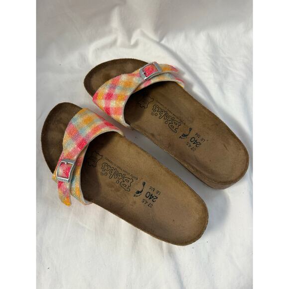 Birkenstock Birkis Menorca Plaid Pink Orange Slip On Sandals Sz 37/6 GS - Picture 3 of 5